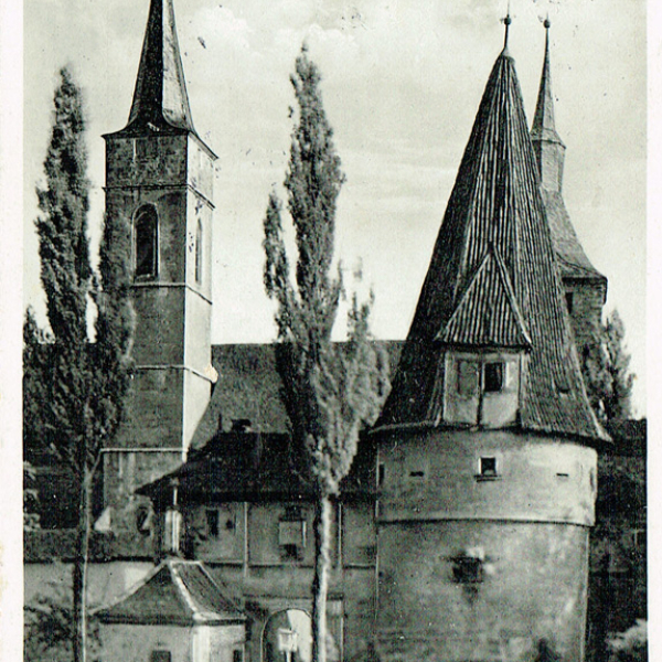 Postkarte mit Stadtansicht aus den 1930er Jahren